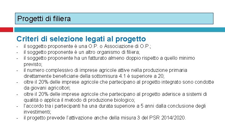 Progetti di filiera Criteri di selezione legati al progetto - il soggetto proponente è