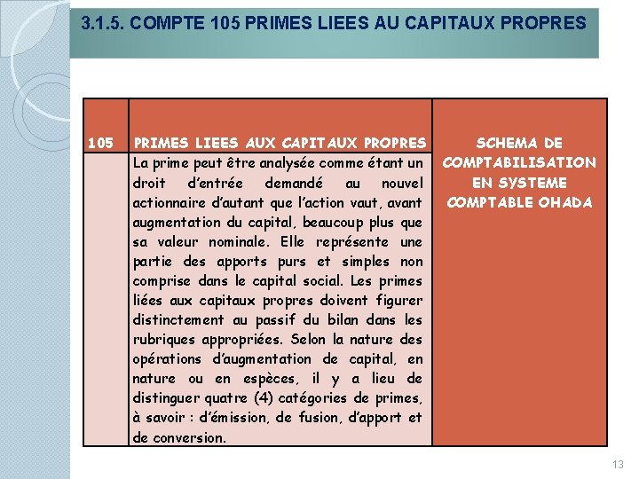 3. 1. 5. COMPTE 105 PRIMES LIEES AU CAPITAUX PROPRES 105 PRIMES LIEES AUX