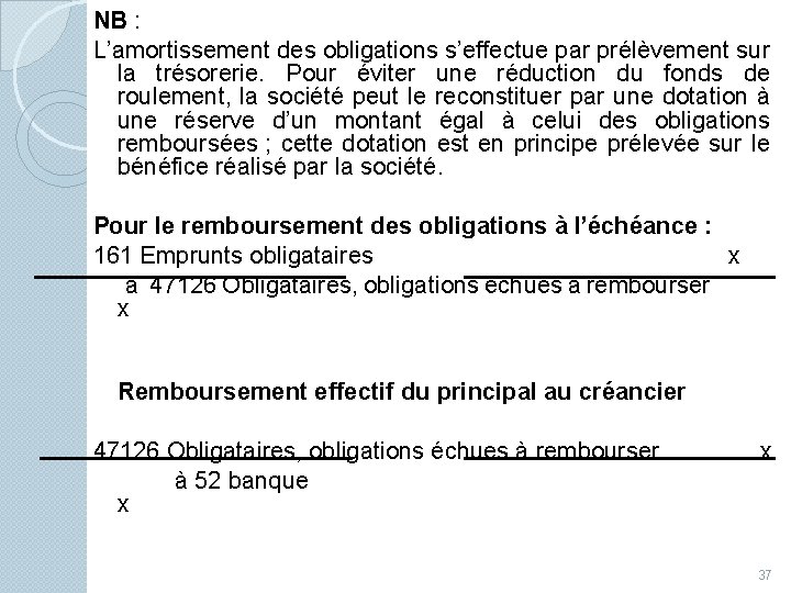 NB : L’amortissement des obligations s’effectue par prélèvement sur la trésorerie. Pour éviter une