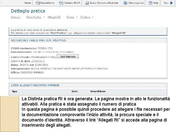 La Distinta pratica RI è ora generata. La pagina mostra in alto le funzionalità