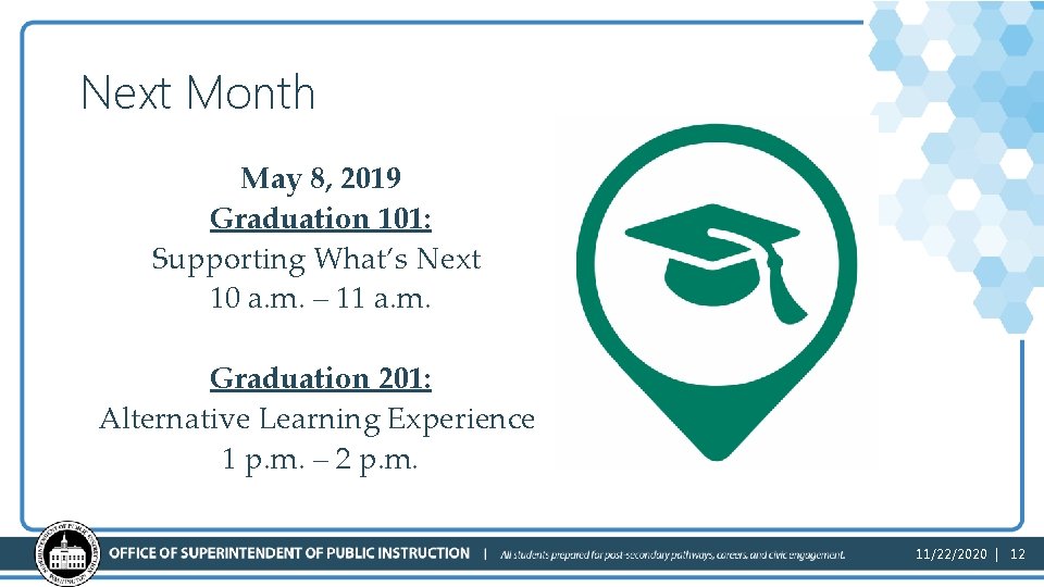 Next Month May 8, 2019 Graduation 101: Supporting What’s Next 10 a. m. –