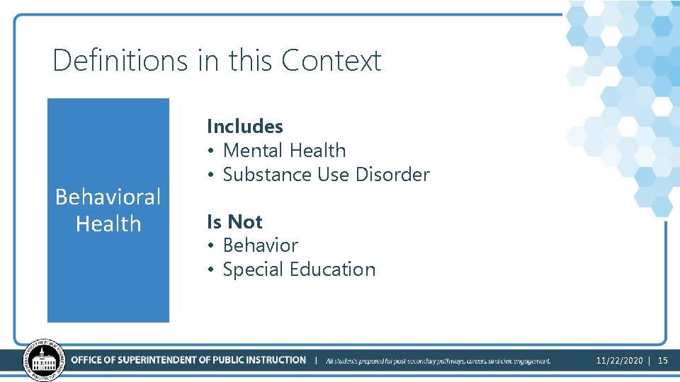 Definitions in this Context Behavioral Health Includes • Mental Health • Substance Use Disorder