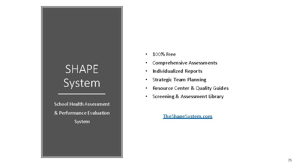 SHAPE System • • • 100% Free Comprehensive Assessments Individualized Reports Strategic Team Planning