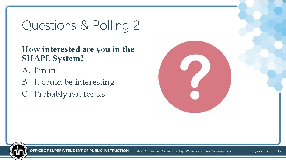 Questions & Polling 2 How interested are you in the SHAPE System? A. I’m