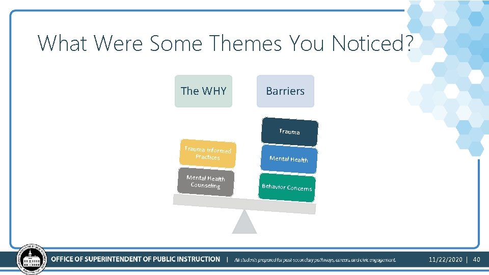 What Were Some Themes You Noticed? The WHY Barriers Trauma informed Practices Mental Health