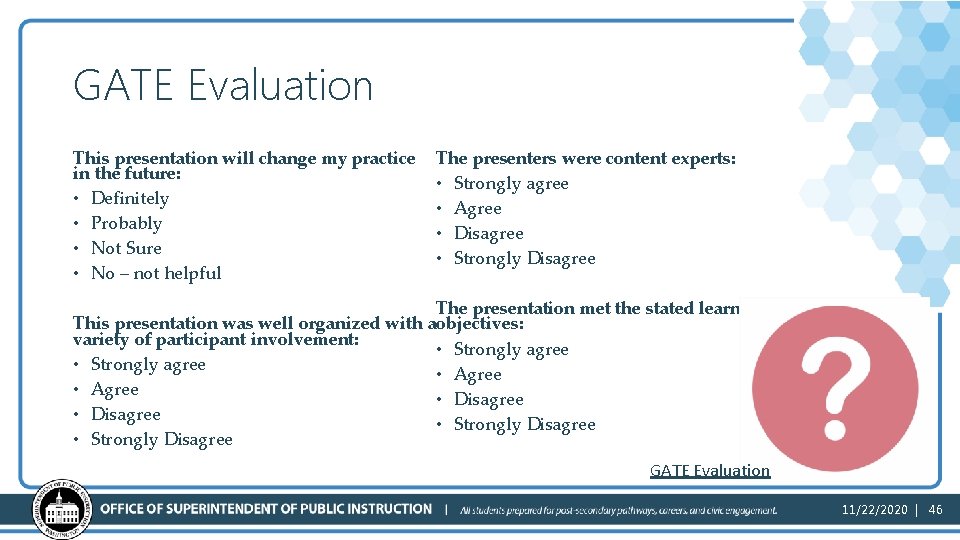 GATE Evaluation This presentation will change my practice in the future: • Definitely •