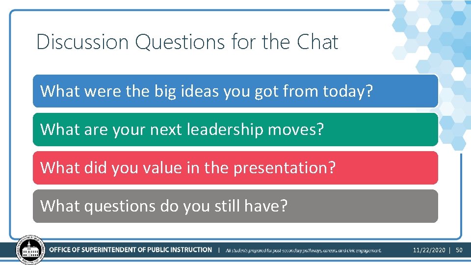 Discussion Questions for the Chat What were the big ideas you got from today?