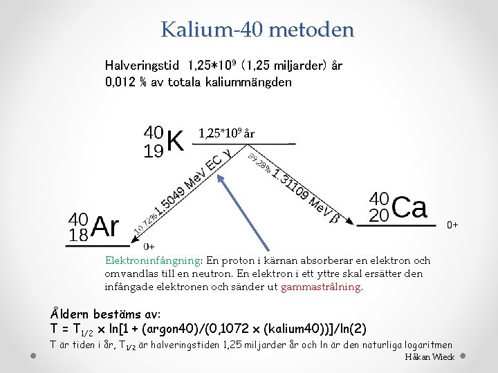 Kalium-40 metoden Halveringstid 1, 25*109 (1, 25 miljarder) år 0, 012 % av totala