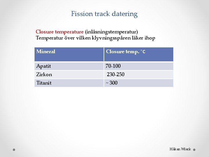 Fission track datering Closure temperature (inlåsningstemperatur) Temperatur över vilken klyvningsspåren läker ihop Mineral Closure