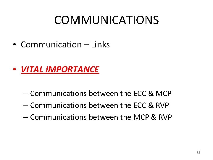 COMMUNICATIONS • Communication – Links • VITAL IMPORTANCE – Communications between the ECC &