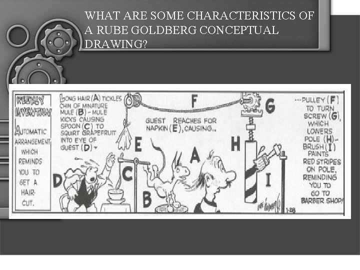 WHAT ARE SOME CHARACTERISTICS OF A RUBE GOLDBERG CONCEPTUAL DRAWING? 