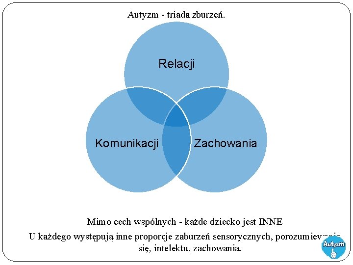 Autyzm - triada zburzeń. Relacji Komunikacji Zachowania Mimo cech wspólnych - każde dziecko jest