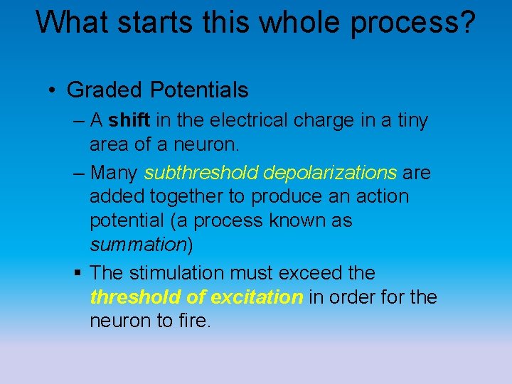 What starts this whole process? • Graded Potentials – A shift in the electrical