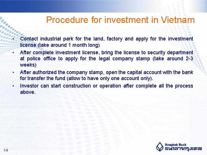 Procedure for investment in Vietnam • • 14 Contact industrial park for the land,