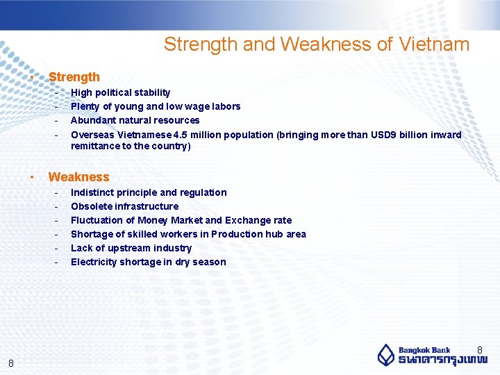 Strength and Weakness of Vietnam • Strength - • High political stability Plenty of