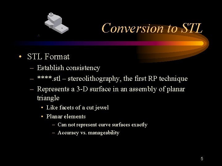 Conversion to STL • STL Format – Establish consistency – ****. stl – stereolithography,