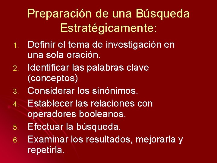 Preparación de una Búsqueda Estratégicamente: 1. 2. 3. 4. 5. 6. Definir el tema