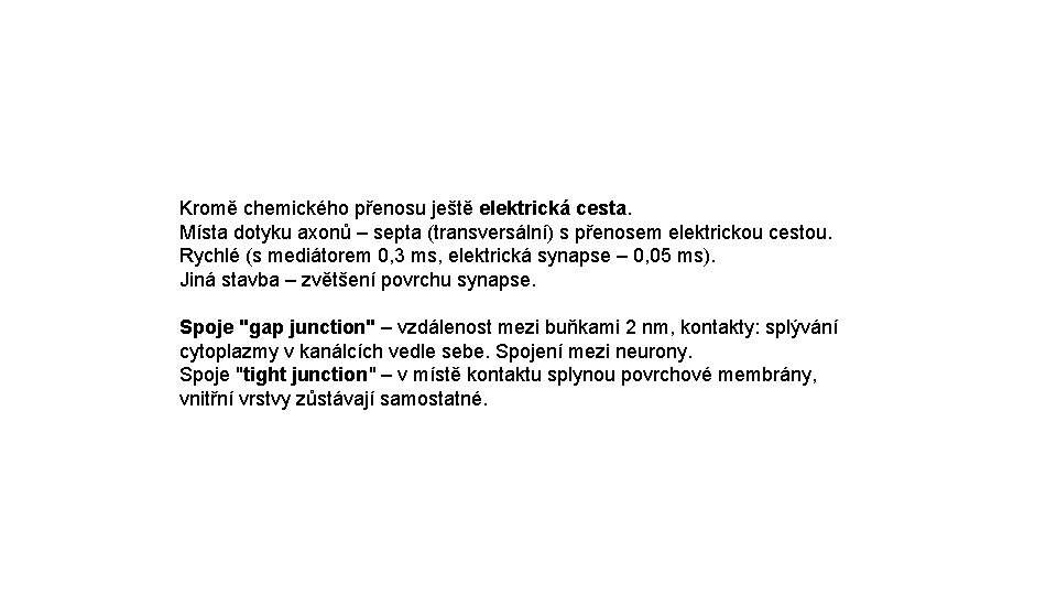 Kromě chemického přenosu ještě elektrická cesta. Místa dotyku axonů – septa (transversální) s přenosem
