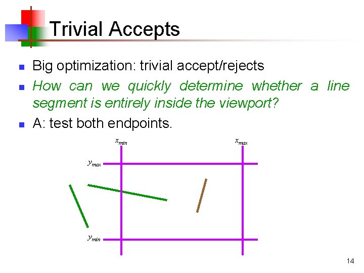 Trivial Accepts n n n Big optimization: trivial accept/rejects How can we quickly determine