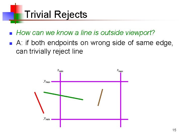 Trivial Rejects n n How can we know a line is outside viewport? A: