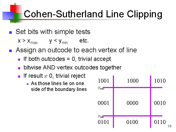 Cohen-Sutherland Line Clipping n Set bits with simple tests x > xmax n y