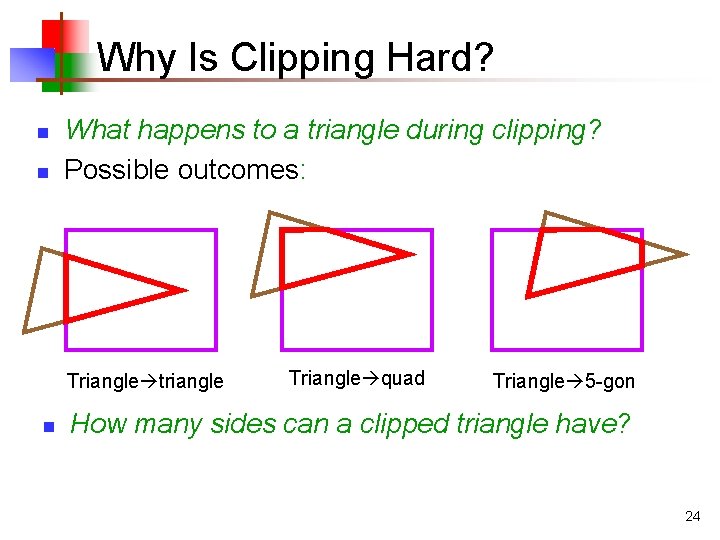 Why Is Clipping Hard? n n What happens to a triangle during clipping? Possible