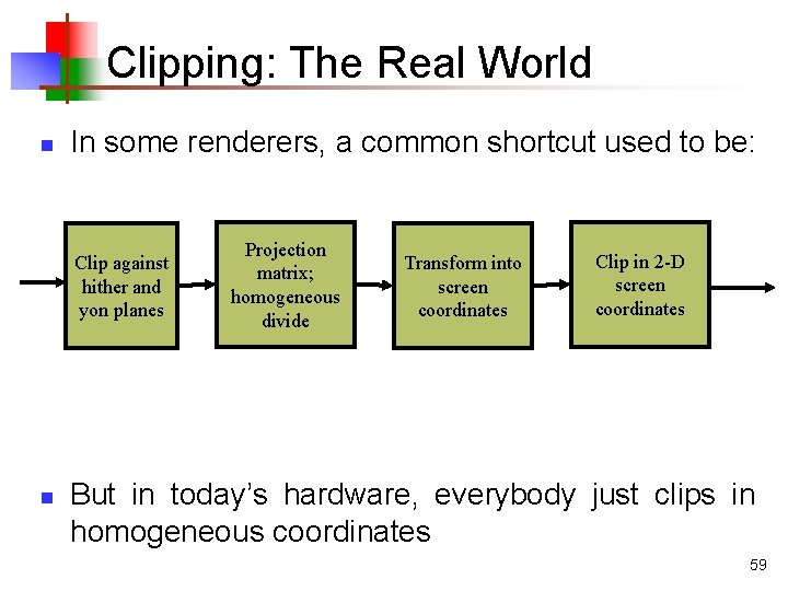 Clipping: The Real World n In some renderers, a common shortcut used to be: