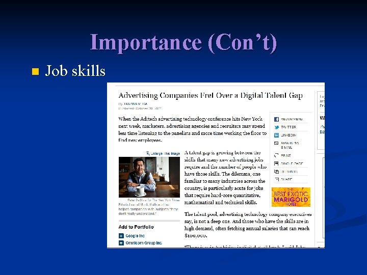 Importance (Con’t) n Job skills 