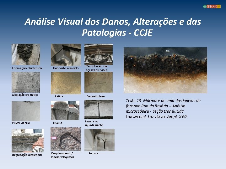 Análise Visual dos Danos, Alterações e das Patologias - CCJE Formação dentrítica Alteração cromática