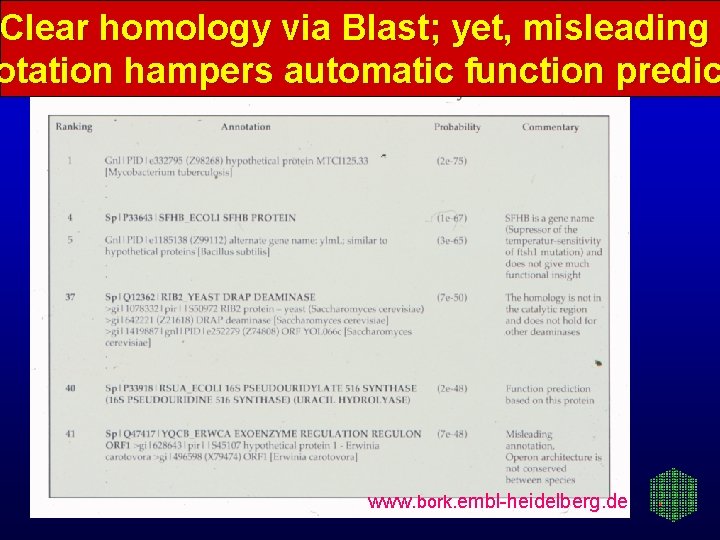 Clear homology via Blast; yet, misleading otation hampers automatic function predic www. bork. embl-heidelberg.