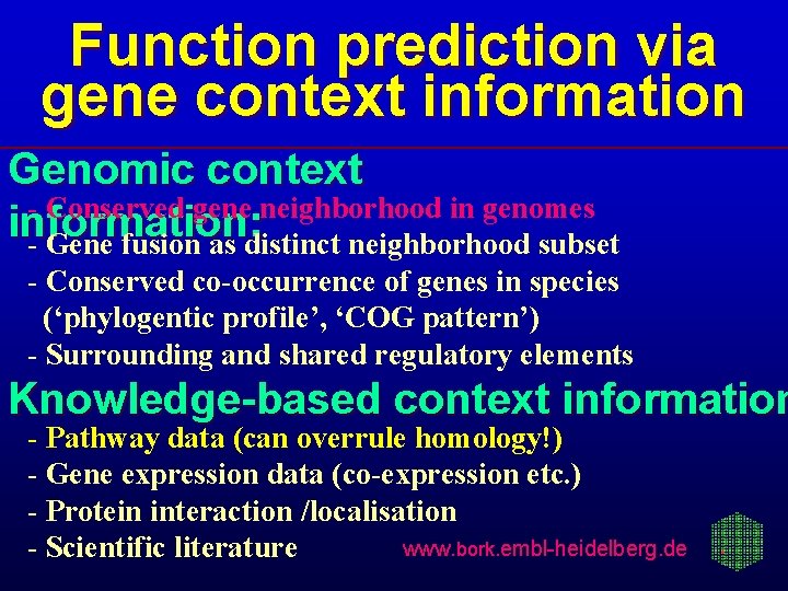 Function prediction via gene context information Genomic context - Conserved gene neighborhood in genomes