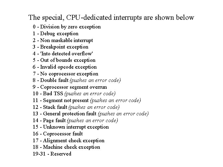 The special, CPU-dedicated interrupts are shown below 0 - Division by zero exception 1