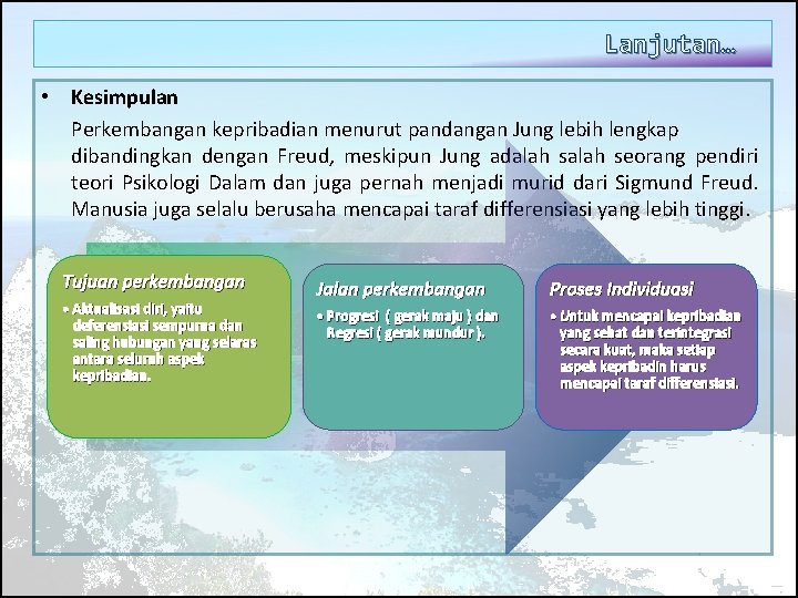 Lanjutan… • Kesimpulan Perkembangan kepribadian menurut pandangan Jung lebih lengkap dibandingkan dengan Freud, meskipun