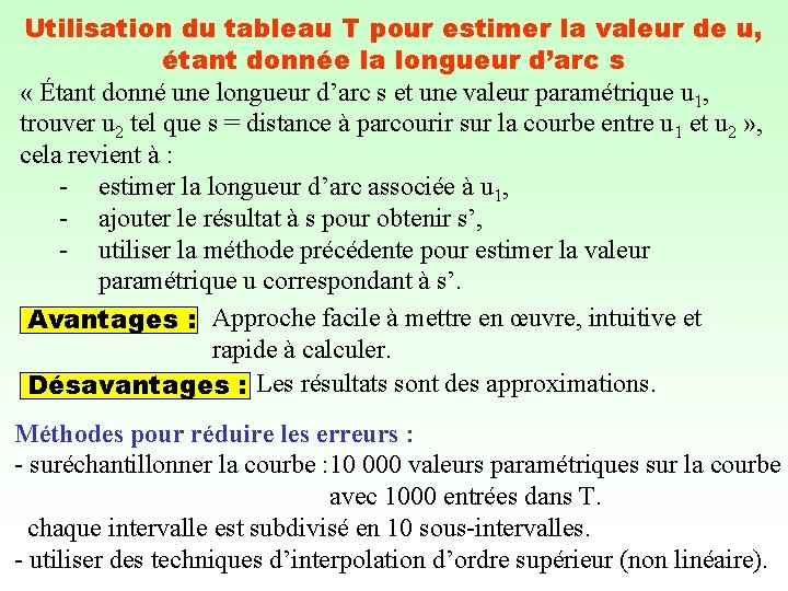 Utilisation du tableau T pour estimer la valeur de u, étant donnée la longueur