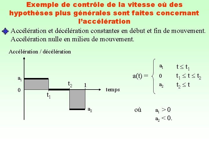 Exemple de contrôle de la vitesse où des hypothèses plus générales sont faites concernant