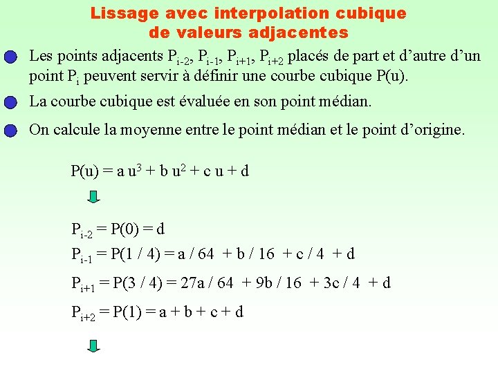 Lissage avec interpolation cubique de valeurs adjacentes Les points adjacents Pi-2, Pi-1, Pi+2 placés