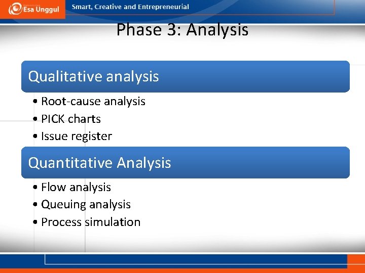 Phase 3: Analysis Qualitative analysis • Root-cause analysis • PICK charts • Issue register