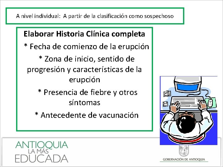 A nivel individual: A partir de la clasificación como sospechoso Elaborar Historia Clínica completa