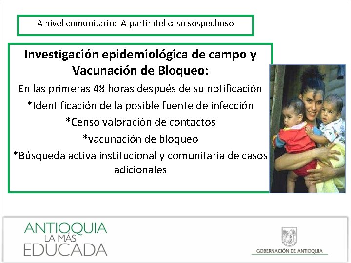 A nivel comunitario: A partir del caso sospechoso Investigación epidemiológica de campo y Vacunación