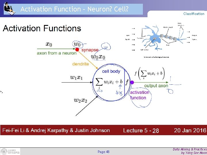 Activation Function – Neuron? Cell? Page 48 Classification Data Mining & Practices by Yang-Sae Activation Function – Neuron? Cell? Page 48 Classification Data Mining & Practices by Yang-Sae