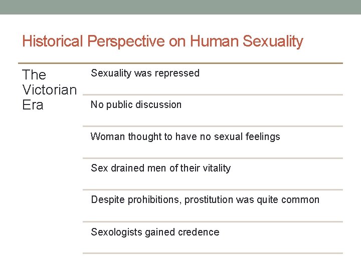 Historical Perspective on Human Sexuality The Victorian Era Sexuality was repressed No public discussion