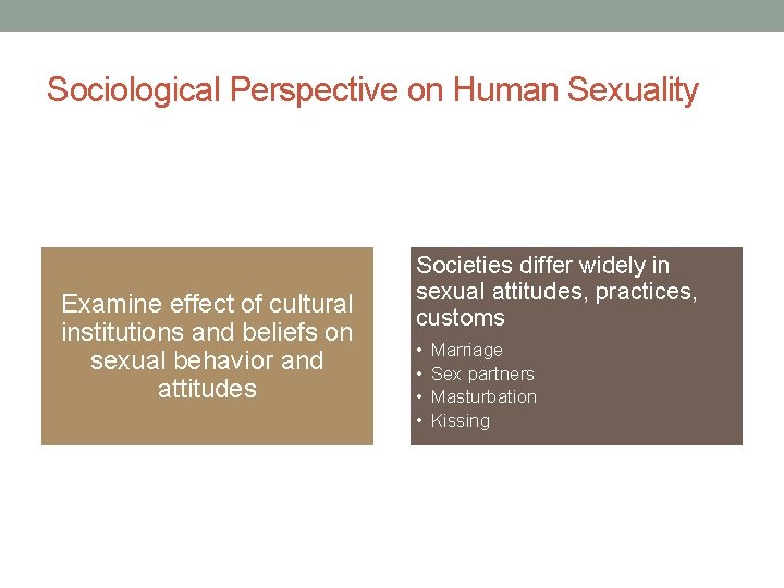 Sociological Perspective on Human Sexuality Examine effect of cultural institutions and beliefs on sexual