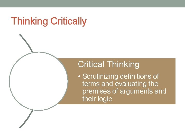 Thinking Critically Critical Thinking • Scrutinizing definitions of terms and evaluating the premises of