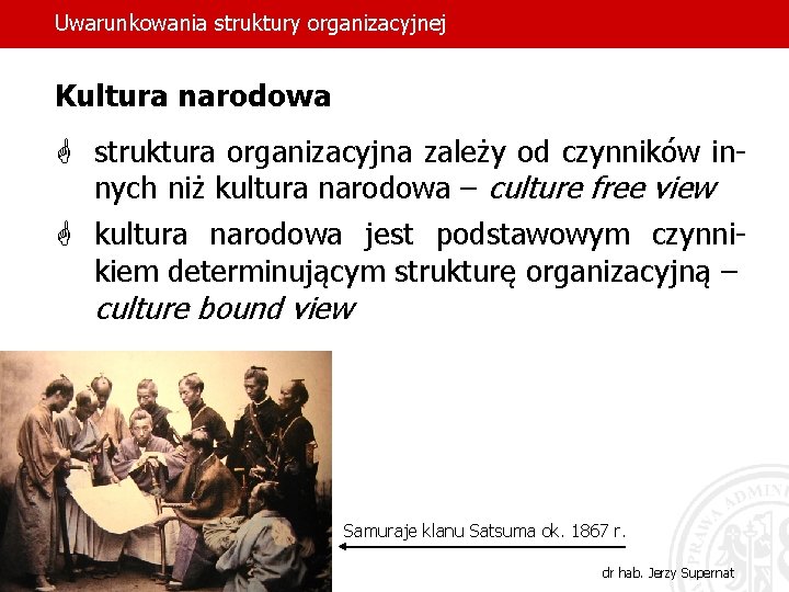 Uwarunkowania struktury organizacyjnej Kultura narodowa G struktura organizacyjna zależy od czynników innych niż kultura