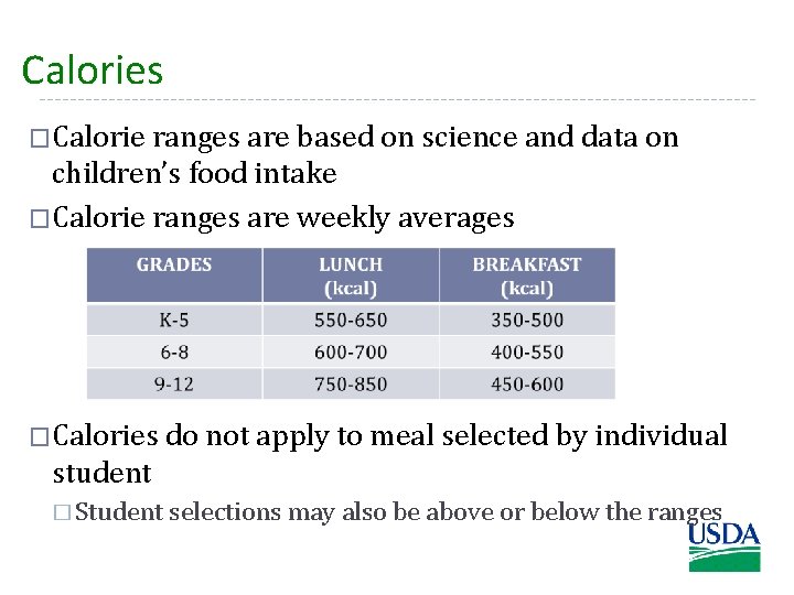 Calories �Calorie ranges are based on science and data on children’s food intake �Calorie