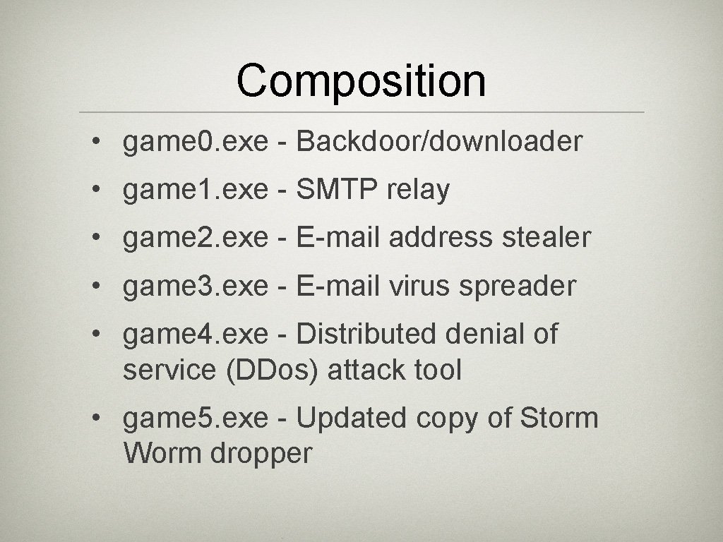 Composition • game 0. exe - Backdoor/downloader • game 1. exe - SMTP relay