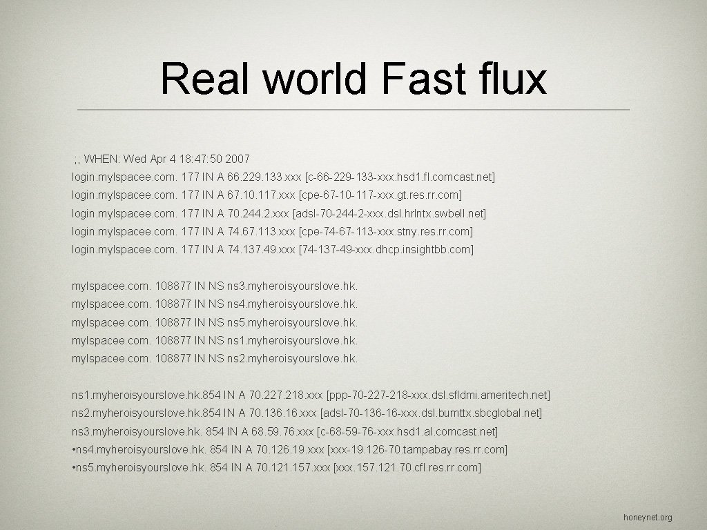 Real world Fast flux ; ; WHEN: Wed Apr 4 18: 47: 50 2007