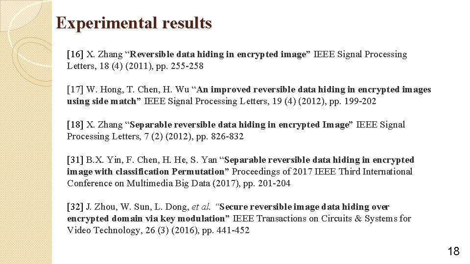 Experimental results [16] X. Zhang “Reversible data hiding in encrypted image” IEEE Signal Processing