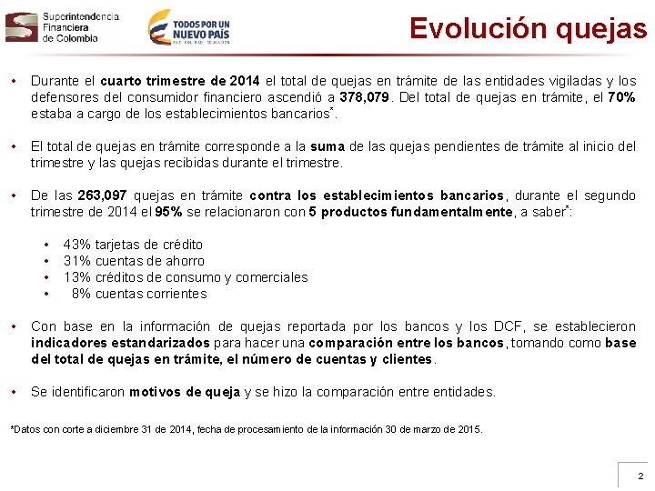 Evolución quejas • Durante el cuarto trimestre de 2014 el total de quejas en