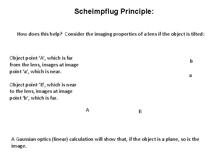 Scheimpflug Principle: How does this help? Consider the imaging properties of a lens if